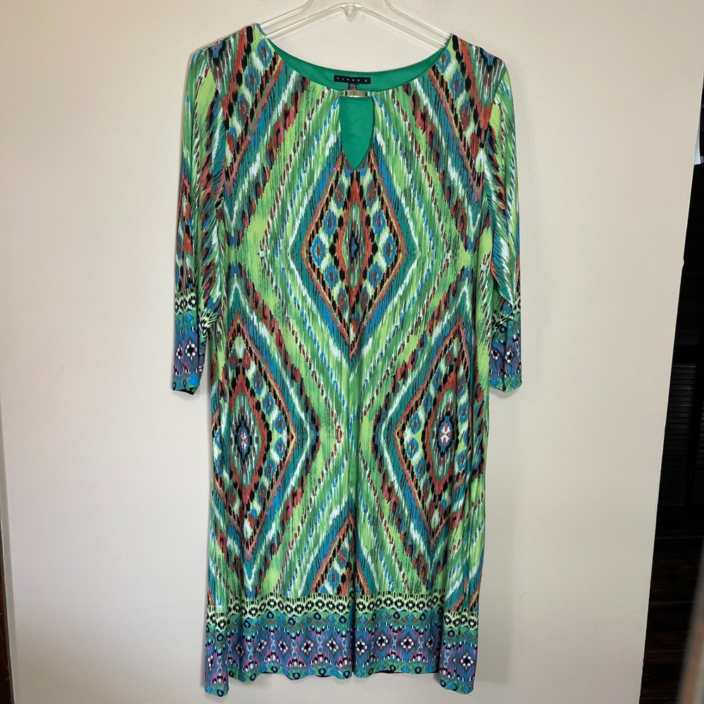Tiana B Womens Plus 22W Green Geometric Ikat Keyhole Shift Dress 3/4 Sleeve